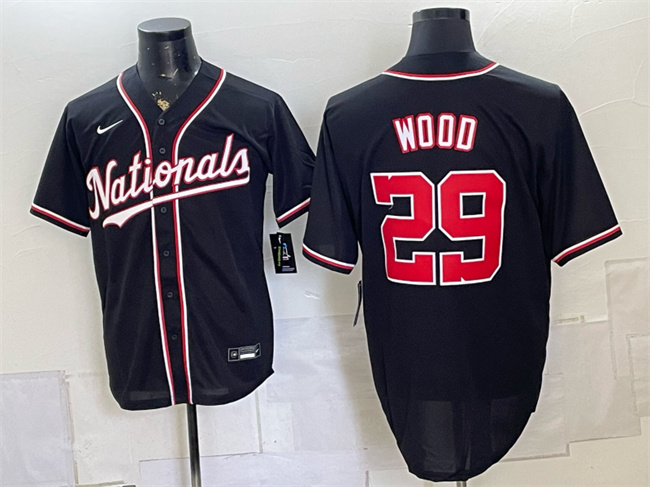Men's Washington Nationals #29 James Wood 2026 Fashion Replica Black Out Stitched Baseball Jersey Men's Washington Nationals #29 James Wood 2026 Fashion Replica Black Out Stitched Baseball Jersey